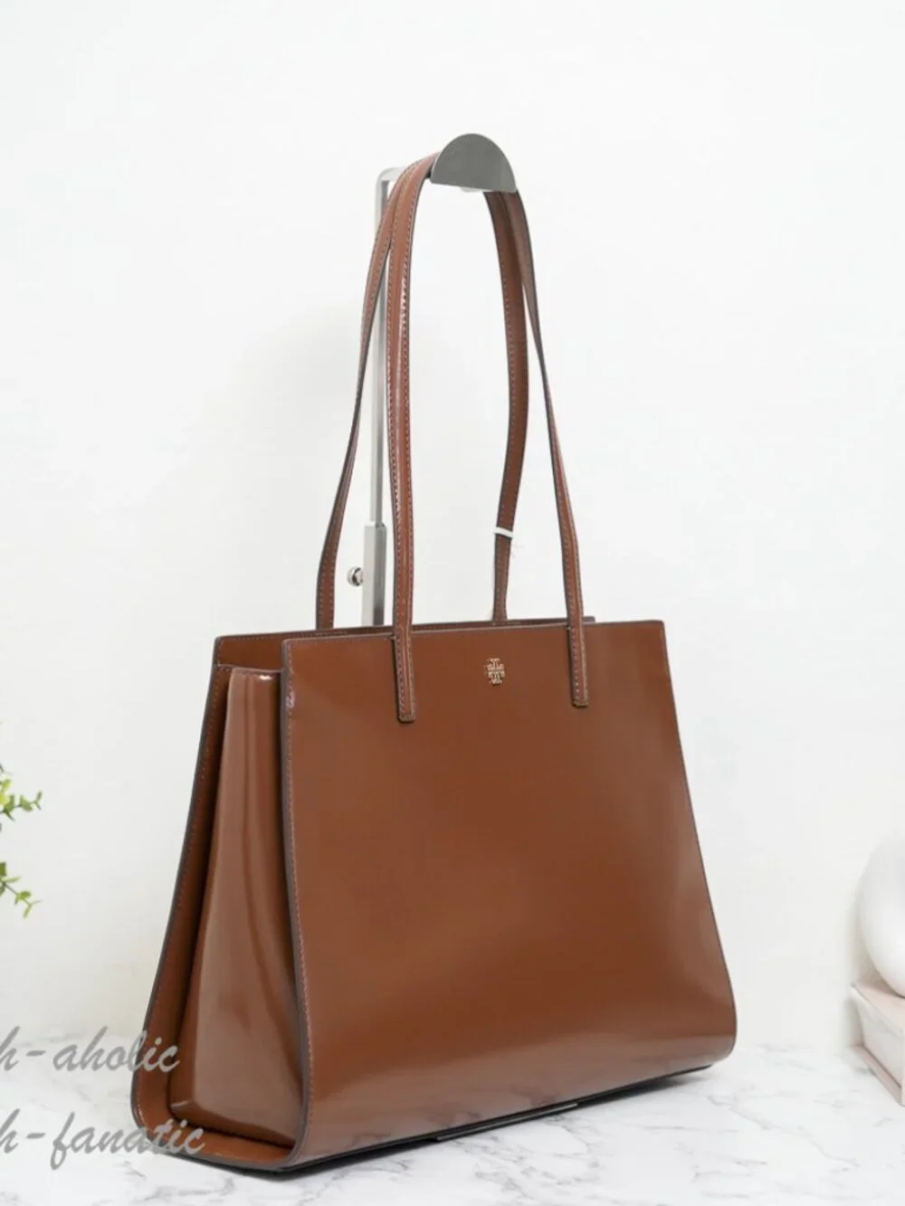 Tory Burch Emerson Patent Leather Work Tote Shoulder Bag in Rich Walnut NWT